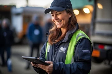 Fotobehang Transport Professional Consults a Tablet to Check the Status of Packages © FotoAndalucia