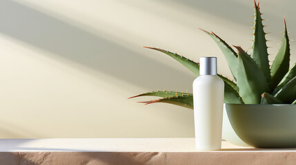 Mockup of cosmetic plastic gel bottle with aloe vera leaves. Natural moisturizing cosmetics packaging template design. 