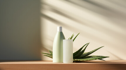 Mockup of cosmetic plastic gel bottle with aloe vera leaves. Natural moisturizing cosmetics packaging template design.  - obrazy, fototapety, plakaty