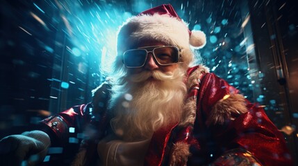 A happy disguised Santa Claus sits and behind him a blinding light emerges in the background. Technology style. - obrazy, fototapety, plakaty