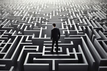 Businessman in a maze. Concept of finding a solution and strategy in business