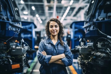 female worker in a modern automotive manufacturing setting - obrazy, fototapety, plakaty