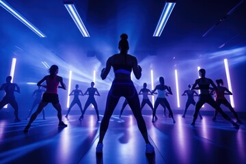 Energetic fitness: Group engaged in fervent high-intensity drills, enhanced by vivacious lighting - obrazy, fototapety, plakaty