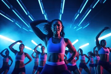 group workout: Fitness enthusiasts high-intensity interval training, dynamic lighting - obrazy, fototapety, plakaty