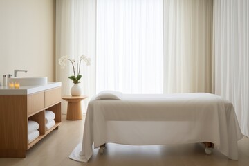 Modern minimalist spa: inviting massage chamber, serene lighting diffused by sheer textiles