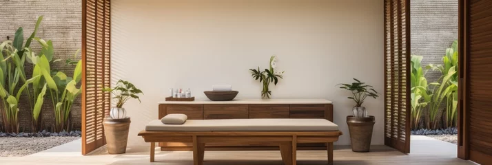 Badezimmer Foto Rückwand Massagesalon Bali modern spa: massage chamber with minimalist design, gentle light from sheer curtains