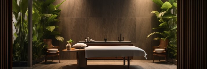Inviting Balinese massage space: sleek design aesthetic, modern spa ambiance, illuminated