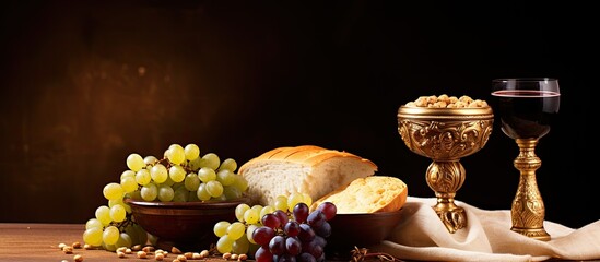 Holy bread and wine near a golden chalice alongside grapes