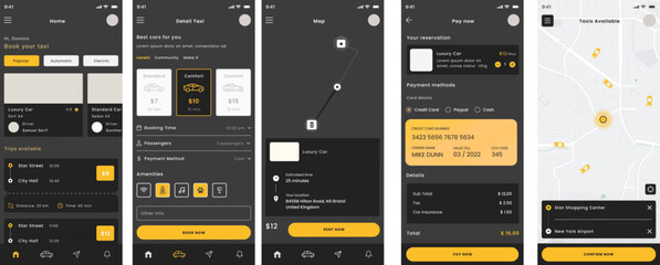 Taxi Booking, Driver Services, Ride Sharing and Ride Driver Black App  Ui Kit Dark Template
