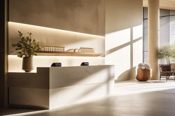 Tuinposter Sleek spa reception: modern elements, minimalist aesthetic, contemporary lighting whites © olga_demina