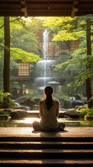 Garden of calm: woman in deep contemplation amidst greenery and zen decorations