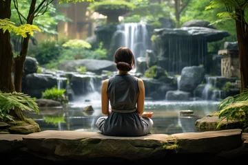 Fototapeten Woman in lotus pose: tranquil meditation garden backdrop with verdant greenery and zen decor © olga_demina