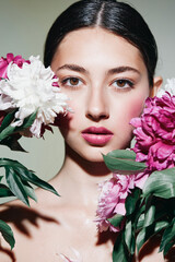 woman flower portrait beauty model pink healthy face girl make-up blush