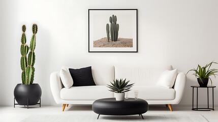 Trendy white living room with modern decoration, simple home decor. Room with black furniture, frame, cactus and some plants
