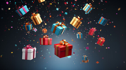 Merry New Year and Merry Christmas. Colourful gift boxes with confetti flying and falling, holiday concept banner