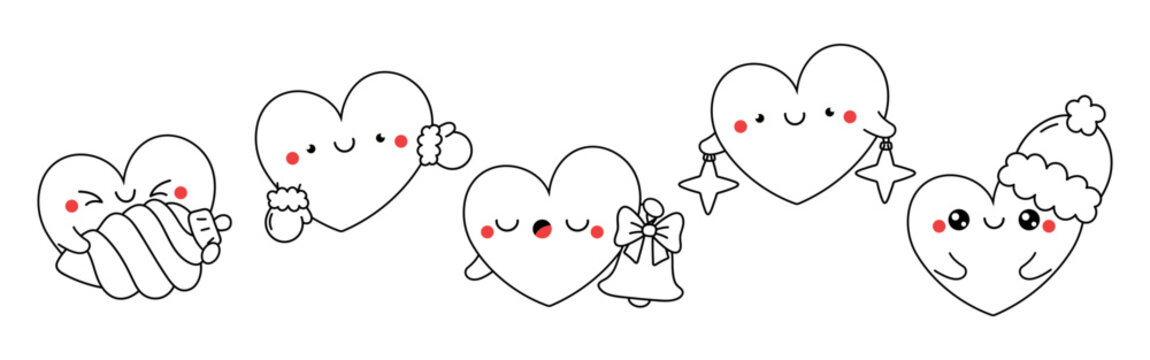 Collection of Vector Christmas Heart Outline. Set of Isolated Xmas Character Coloring Page