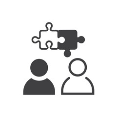 Two people talking with speech bubble in puzzle shape, symbol for fitting idea or solution. 
