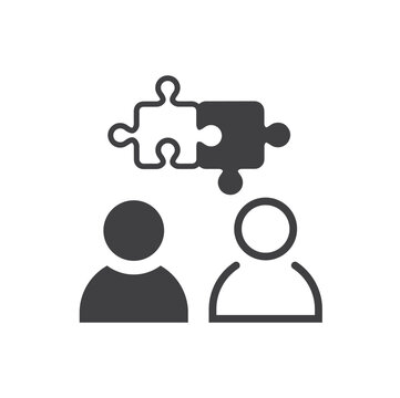 Two People Talking With Speech Bubble In Puzzle Shape, Symbol For Fitting Idea Or Solution. 