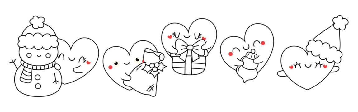 Set of Kawaii Christmas Heart Coloring Page. Collection of Cute Vector Christmas Character Outline
