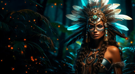 A beautiful girl warrior from an Indian tribe wearing a feather headdress and an ornament on her neck. America's Mystical Carnival. Banner design with copy space - obrazy, fototapety, plakaty