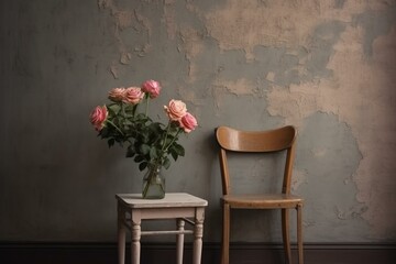 A wall with a chair and a rose in a vase. Generative AI