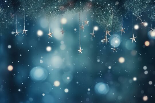 Abstract blurred background with Christmas light. Stars hanging from the branches of a fir tree. Generative AI