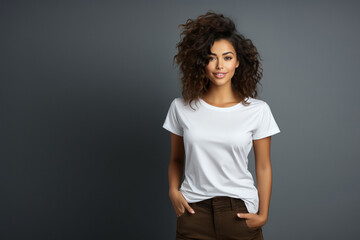 Beautiful young dark-haired brunette woman in white t-shirt isolated on gray background