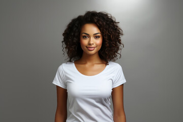 Young happy african american woman in white t-shirt isolated on gray background