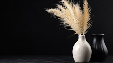 Black Ceramic Vase against Black Marble Background copy space Pampas Grass minimalistic Interior Design