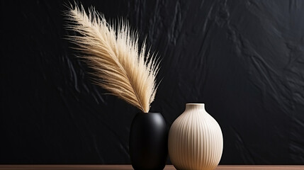 Black Ceramic Vase against Black Marble Background copy space Pampas Grass minimalistic Interior Design
