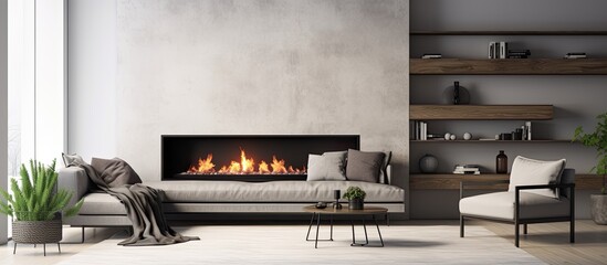 View of a contemporary living room with sofa and fireplace in foreground With copyspace for text