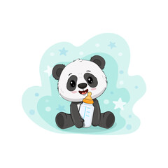 Cute cartoon panda cub on a blue background. Panda bear with a bottle of milk. Vector illustration