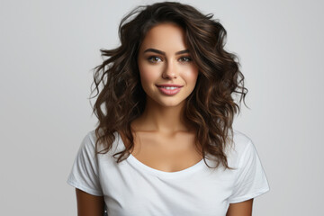 Fototapeta premium Beautiful dark-haired brunette woman in t-shirt isolated on white background