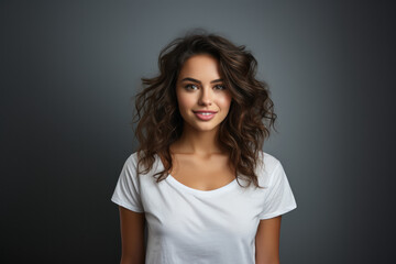 Fototapeta premium Beautiful young dark-haired brunette woman in white t-shirt isolated on gray background