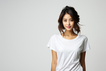 Beautiful dark-haired asian woman in t-shirt isolated on white background - obrazy, fototapety, plakaty