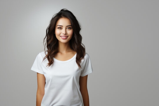 Beautiful dark-haired asian woman in t-shirt isolated on white background