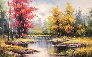 Watercolor landscape - - a small river on the edge of an autumn forest.