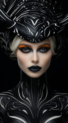 Futuristic Extraordinary halloween make up, luxury fashion photography face of unknown woman, wearing haute couture halloween costume. AI Generation