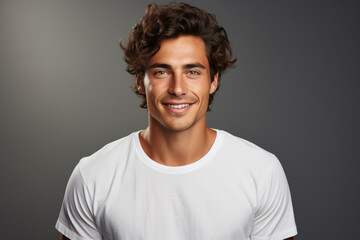 Fototapeta premium Portrait of a young Caucasian brunette man on a gray background