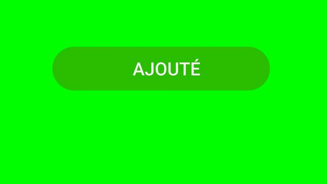A hand-shaped cursor clicks an "Add to Cart" button in French with its plus icon turning into a shopping cart on a green background, white background, transparency with alpha channel in flat design