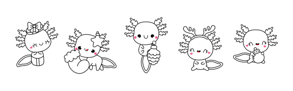 Set of Vector Christmas Axolotl Coloring Page. Collection of Kawaii New Year Amphibian Outline.