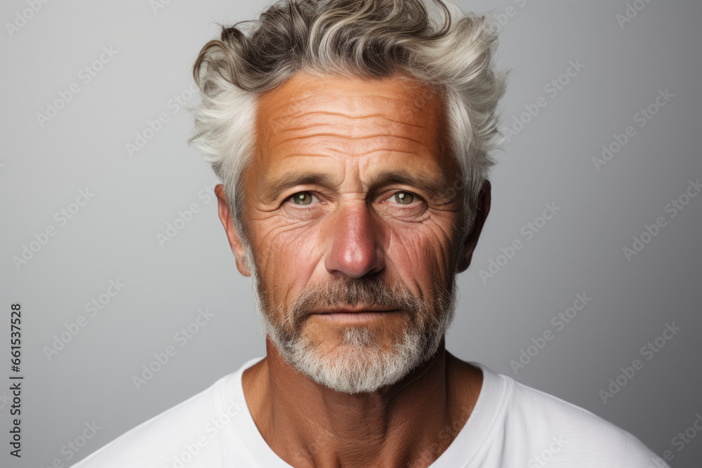 Poster caucasian senior bearded man in white t-shirt on gray background