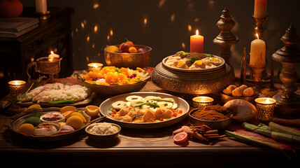 Naklejka premium Capture a heartwarming moment of families and friends enjoying a lavish Diwali feast. Highlight the delectable dishes, traditional serving ware, and the joyous atmosphere.