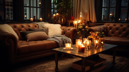 Obraz premium living room with candles on stylish coffee table and retro luxurious cozy leather patterned sofa