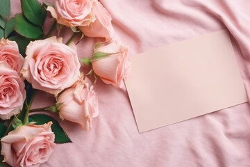 Pink roses and a blank card on soft fabric.
