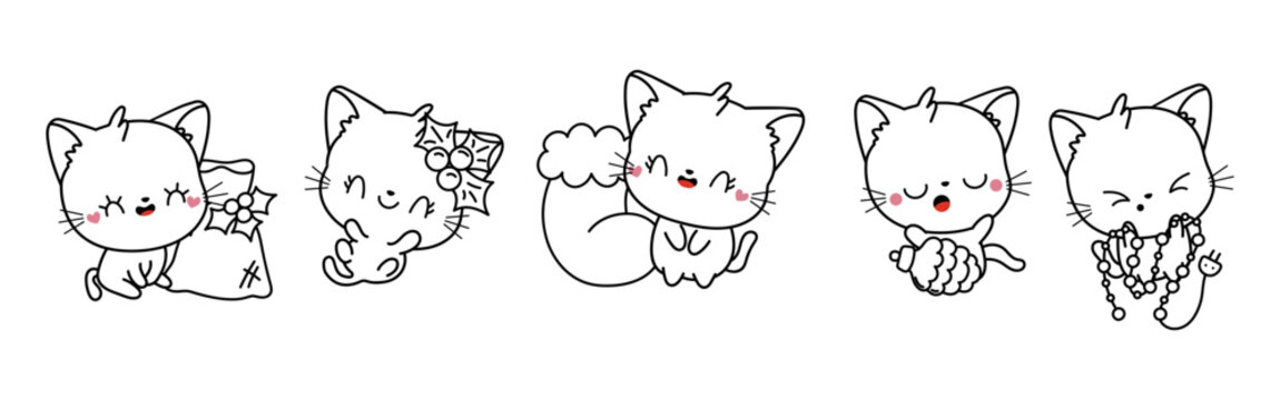 Set of Kawaii Christmas Cat Coloring Page. Collection of Cute Vector Christmas Animal Outline