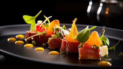 Gourmet tuna dish elegantly plated with garnishes and sauce.