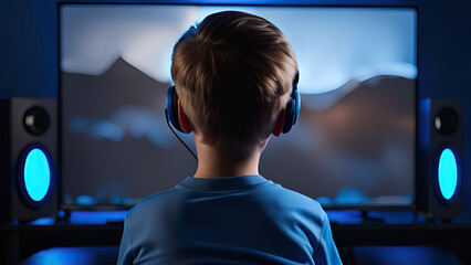 Child gaming on desktop playing addictive online video game at home in his room.Generative AI - obrazy, fototapety, plakaty