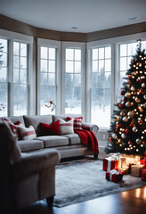 Modern American farmhouse living room interior with contemporary Christmas decor, large couch Christmas tree and snow covered exterior viewable through large glass bay windows in background.