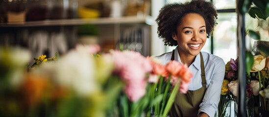 A cheerful female black entrepreneur selling flowers to a customer with a happy female Latin girl purchasing a bouquet from the florist With copyspace for text - obrazy, fototapety, plakaty